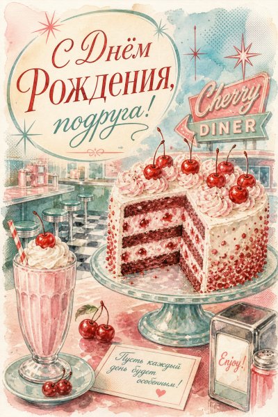 С Днём Рождения подруге ретро 50-е #1