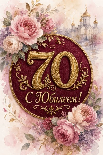С юбилеем 70 лет: золотые цифры на бордовом фоне