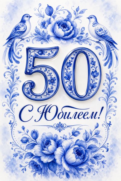 С юбилеем 50 лет: голубые птицы и цветы в узоре