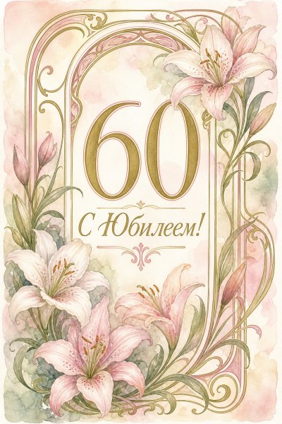 С юбилеем 60 лет: цифра 60 в окружении лилий
