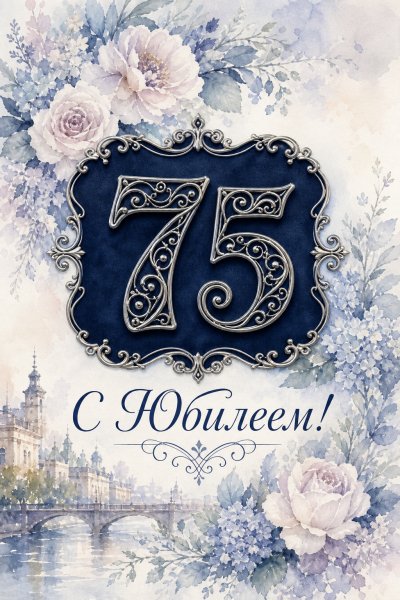 С юбилеем 75 лет: серебряное кружево на темно-синем фоне