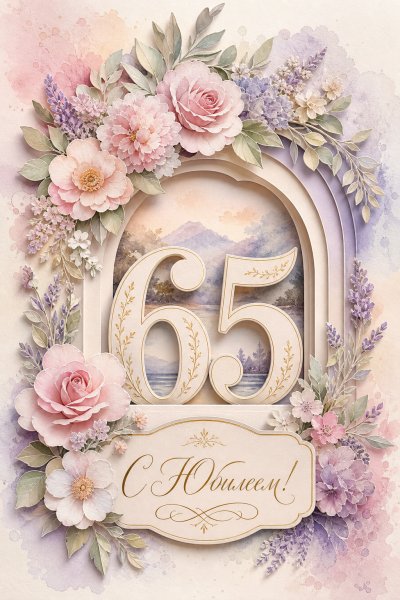 С юбилеем 65 лет: цветы и номер 65 · 2