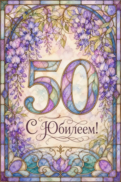 С юбилеем 50 лет: витраж с цветами глицинии