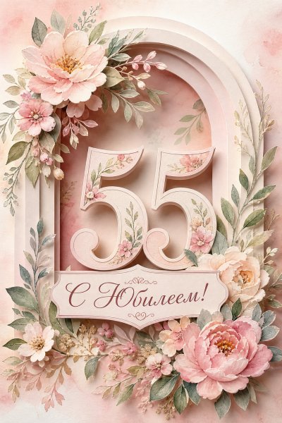 С юбилеем 55 лет: цветы и номер "55" в арке
