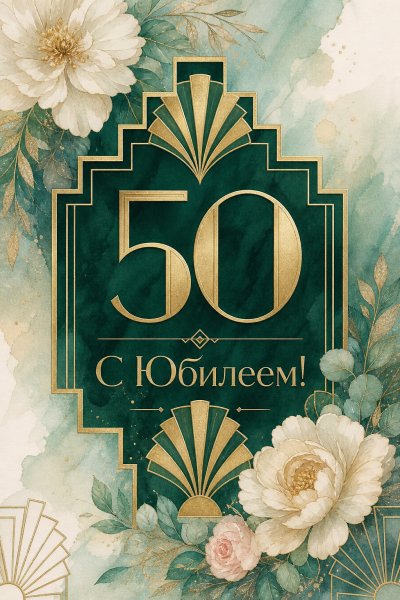 С юбилеем 50 лет: золотые элементы на изумрудном фоне
