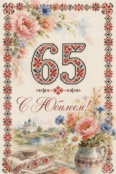 С юбилеем 65 лет: вышивка с цветами и цифрами