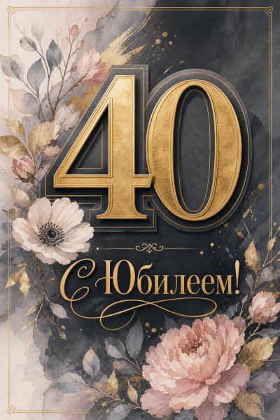 С юбилеем 40 лет: золотые буквы на фоне цветов