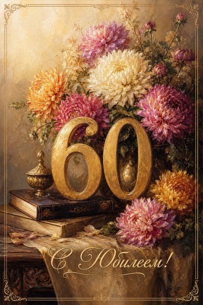 С юбилеем 60 лет: золотые цифры на фоне хризантем