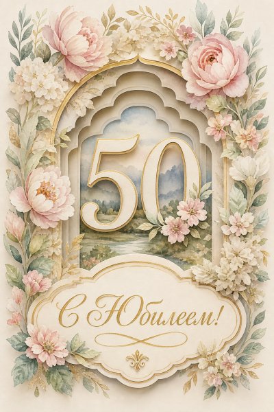 С юбилеем 50 лет: многослойная открытка с цветами