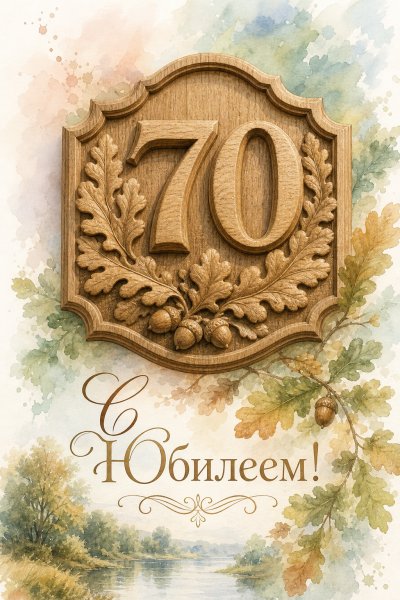 С юбилеем 70 лет: резьба по дереву с листьями дуба