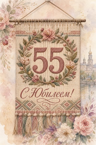 С юбилеем 55 лет: гобелен с цифрой и цветами