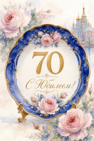 С юбилеем 70 лет: тарелка с розами и золотом